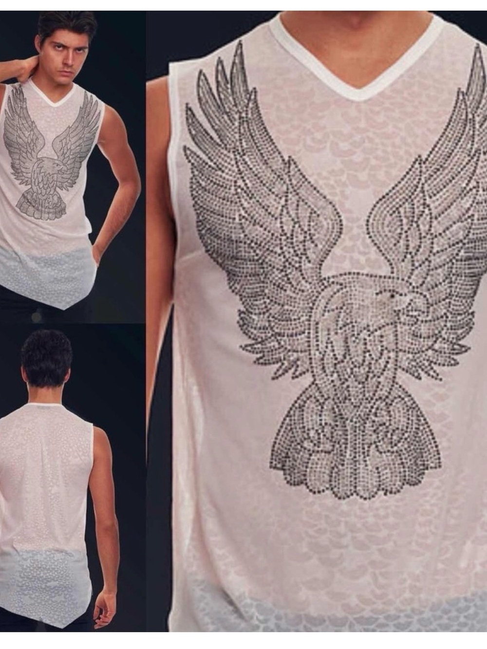 Men's White V-Neck Sleeveless Shirt with Eagle Graphic S1045 - Picture 3 of 10